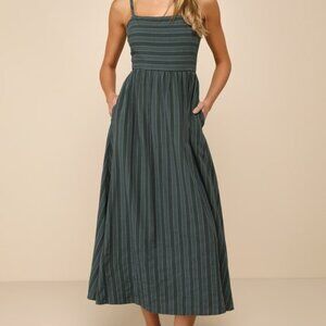 Lulus Feeling The Best Green Striped Tie-back Midi Dress With Pockets - Size L